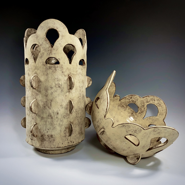 4 Warrior Queen Tall Basket and Reyna Bowl, to 14 in. (36 cm) in height, Aardvark Terra Red clay, terra sigillata.