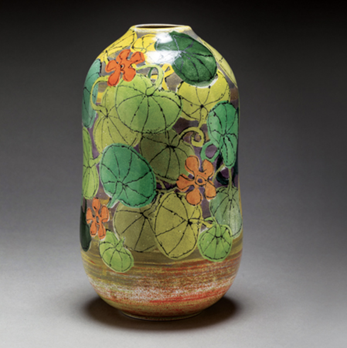 Nasturtium Gourd Vase, 12½ in. (32 cm) in height, slip-cast earthenware, majolica, zircon glaze. Photo: Alex Brattell.