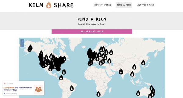 1 Kiln Share’s interactive global map, with kiln-listing pins.