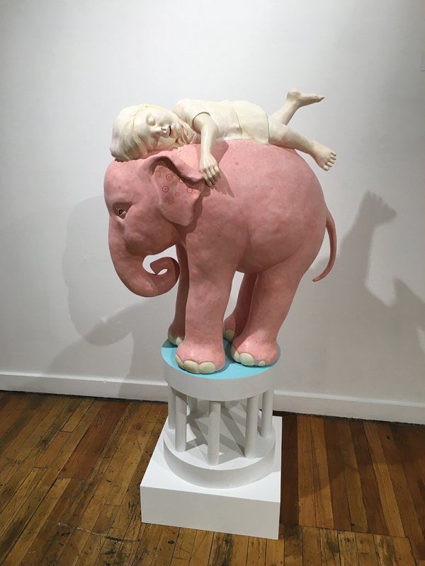 Kyungmin Park’s Guardian, 3 ft. 8 in. (1.1 m) in height, stoneware, underglaze, glaze, resin, milkpaint.