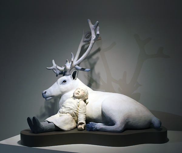 Kyungmin Park’s Dreamer, 34 in. (86 cm) in height, stoneware, underglaze, milkpaint. 