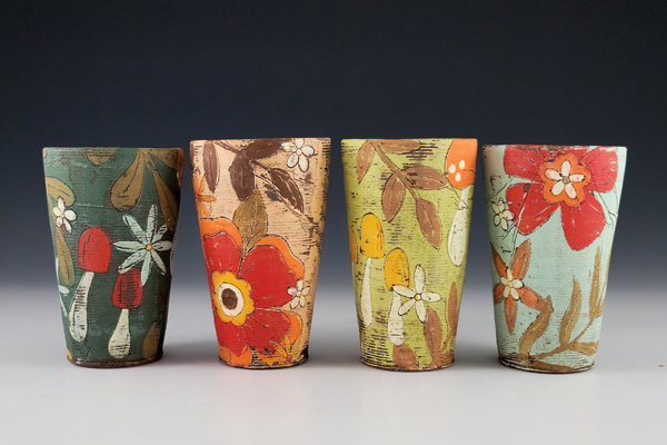 7 Tumblers, 5½ in. (14 cm) in height, red stoneware, underglaze, colored slip, glaze, fired to cone 6 in oxidation, 2022. 