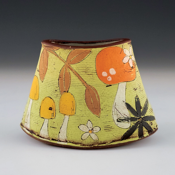5 Bug vase, 6¼ in. (16 cm) in length, red stoneware, underglaze, colored slip, glaze, fired to cone 6 in oxidation, 2022. 