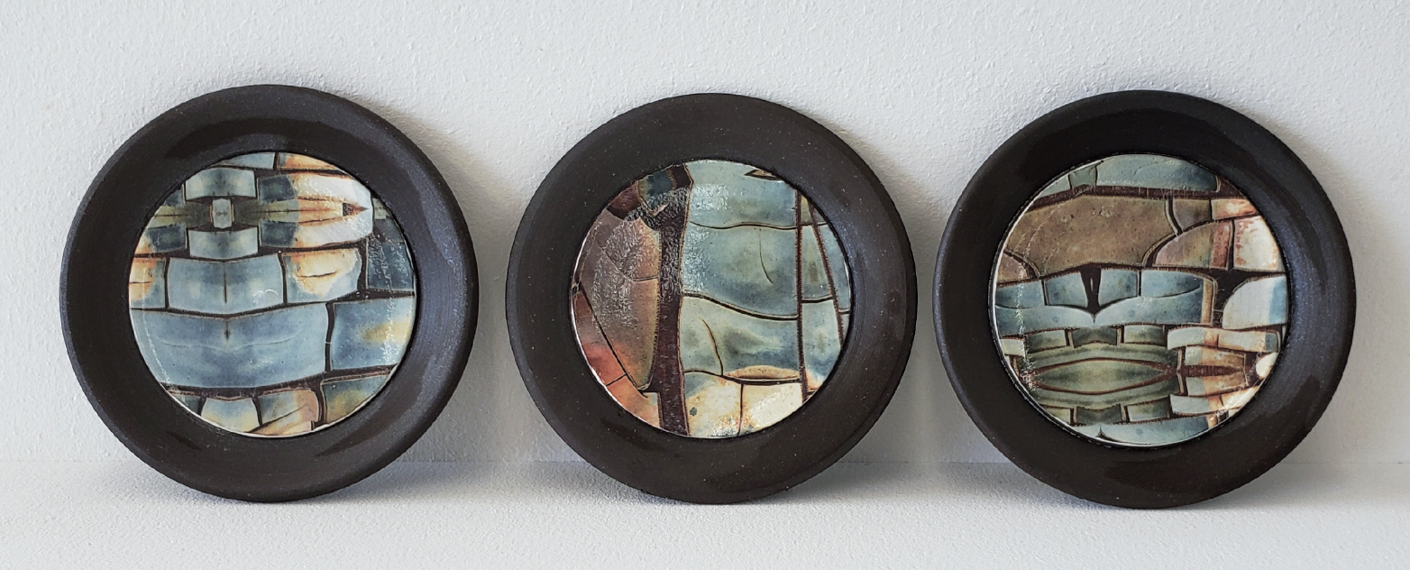 4 Dark brown cookie dishes, 5 in. (12 cm) in diameter, stoneware, color waterslide decals, fired to cone 6 and then cone 013 in an electric kiln. 