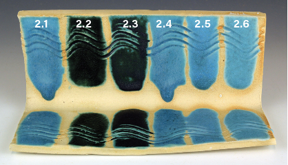 2 CPT-A Recipe: Feldspar Line Blend with Nepheline Syenite: (20% incremental additions of nepheline syenite) Stripe 2.1 = Original recipe; stripe 2.2 = 0% nephelene syenite; stripes 2.3–2.6 = 20% incremental additions of nepheline syenite to each previous stripe’s mixture.