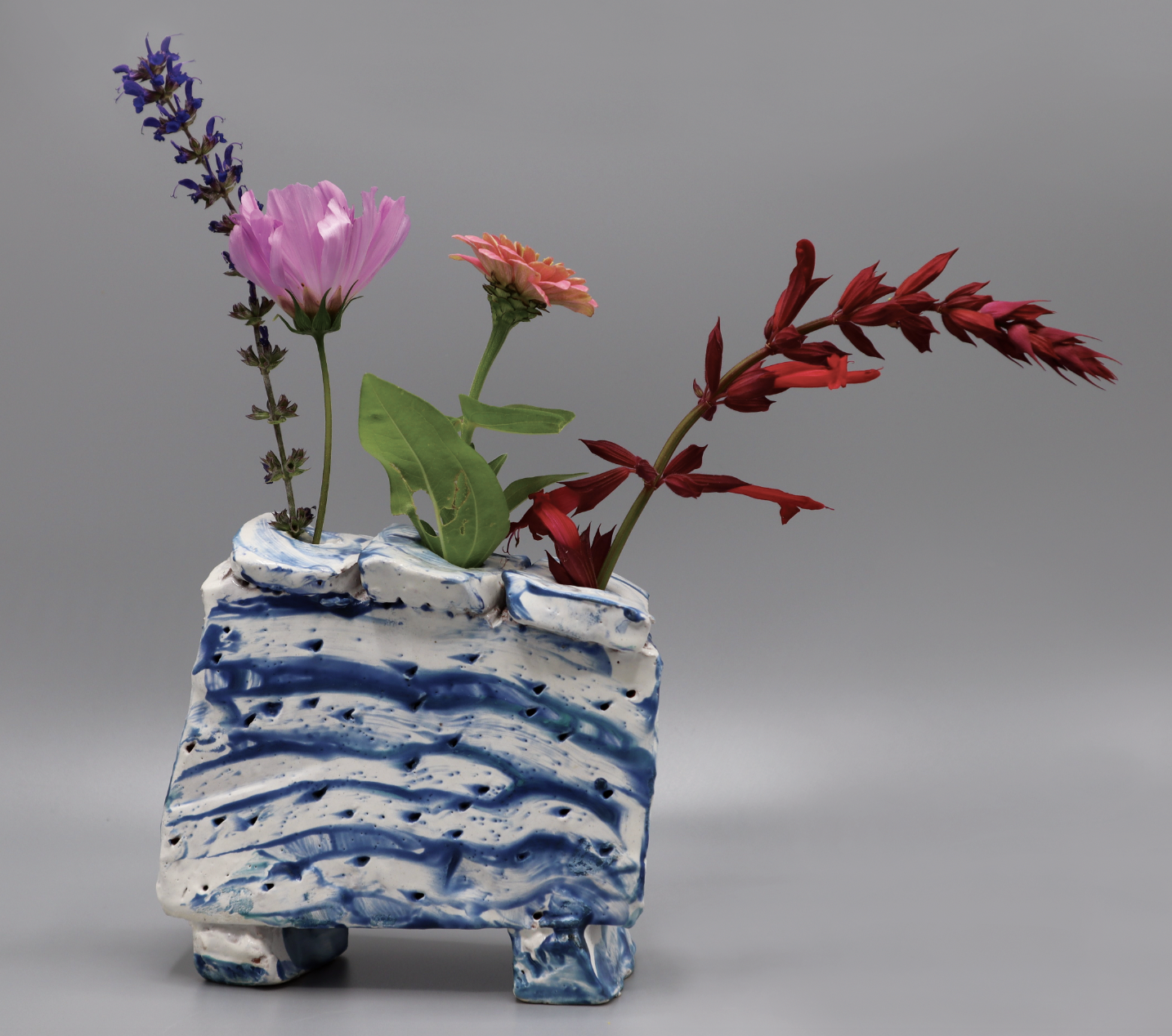 1 Vase, 6 in. (15 cm) in length, hammer and chisel ware, Redneck Majolica, Amaco underglazes, 2021. 