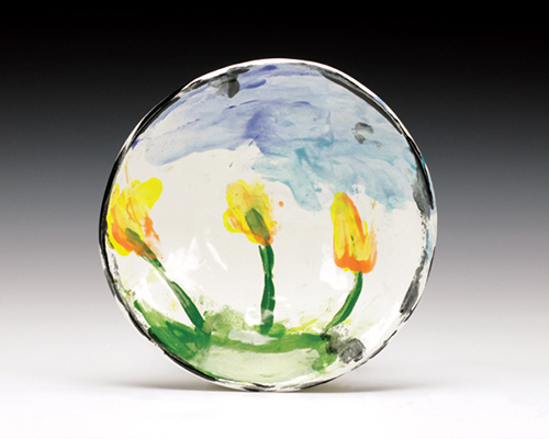 4 Plate, 12 in. (30 cm) in diameter, wheel-thrown earthenware, clear glaze and Amaco underglaze, 2021.