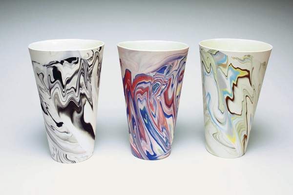 Heidi McKenzie’s three pint glasses, 6½ in. (17 cm) in height (each), slip-cast marbled porcelain, 2016.