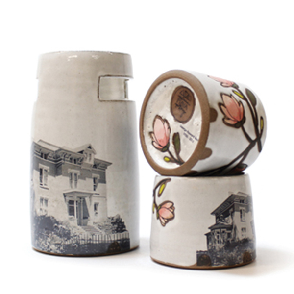 4 Memorial for George Brown Vase and Cups, to 7¼ in. (18 cm) in height, wheel thrown, Georgie’s Trail Mix Toast clay, underglaze, glaze, fired to cone 6, decals, ashes, 2020. 