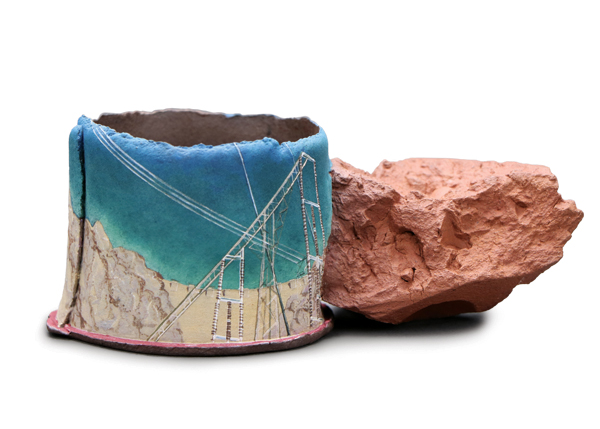 1 Merrie Wright’s Abstracted Landscape 007 (After Demuth), 5 in. (13 cm) in length, earthenware, mid-range glazes, fired to cone 01 in oxidation