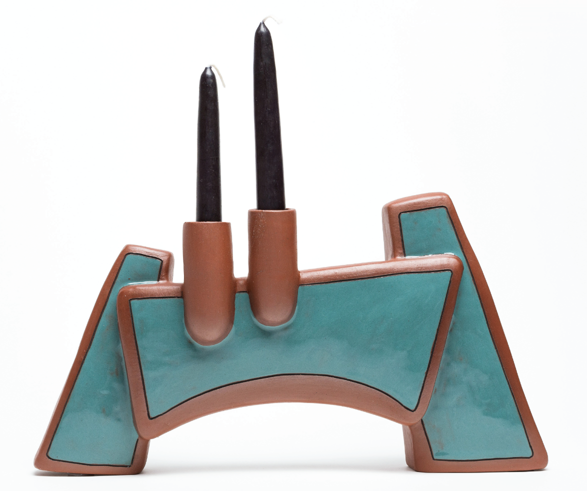 2 Bridge Candelabra, 9 in. (23 cm) in length, red earthenware, terra sigillata, glaze, black underglaze, fired to cone 1 in oxidation, 2021. Photos: Chris Uhren.