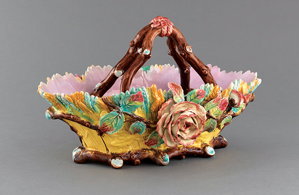 6 Samuel Lear’s basket, 13½ in. (34 cm) in length, earthenware, majolica glazes, 1883. Photo: Bruce White.