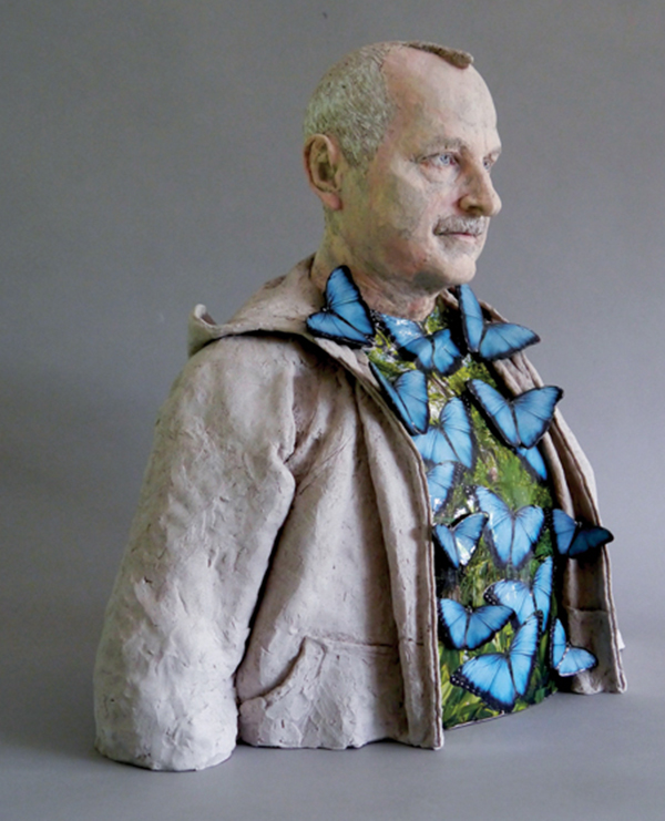 F Butterfly Man, 20 in. (51 cm) in height, coil-built stoneware, engobe, fired in an electric kiln to cone 04, 2020.
