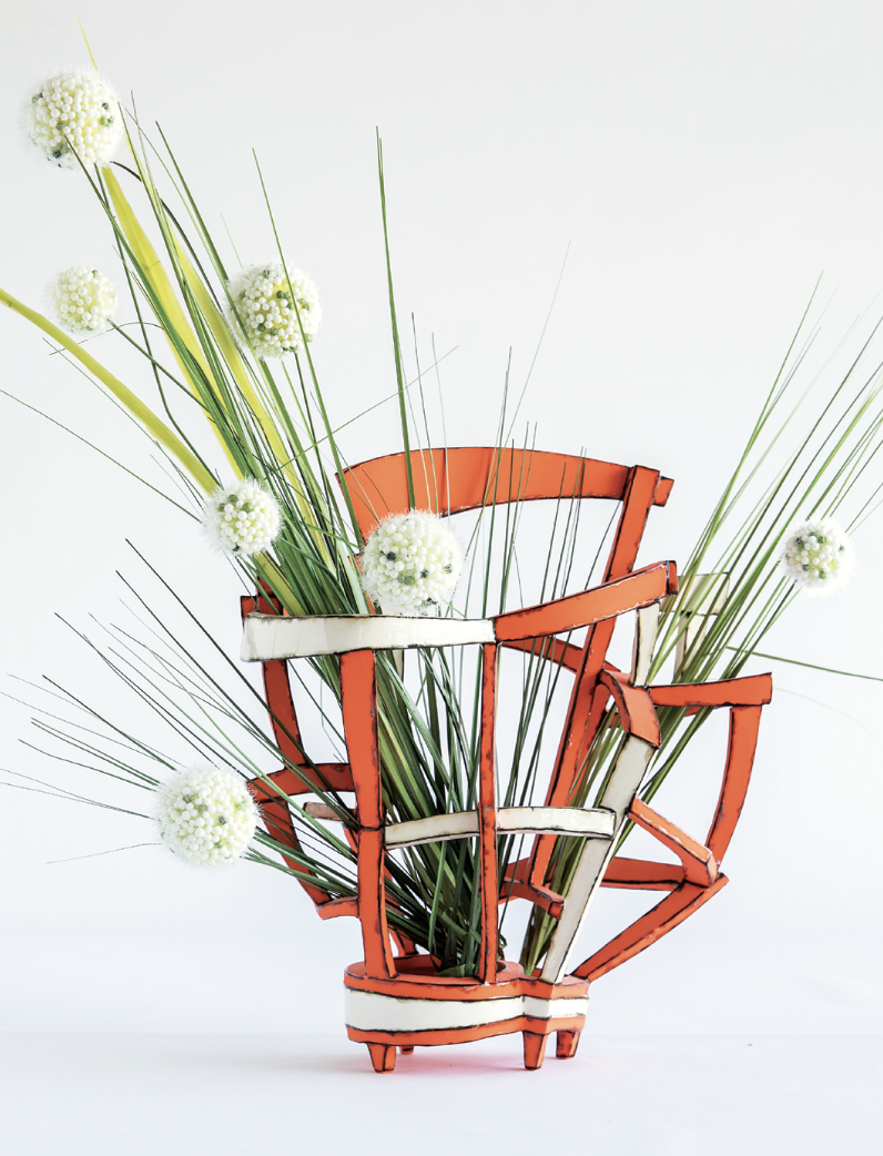 15 Nikki Blair’s Large Orange Basket/Cage, 15 in. (38 cm) in height, handbuilt earthenware, fired to cone 04 in oxidation, 2021. Photo: VanderVeen Photographers.