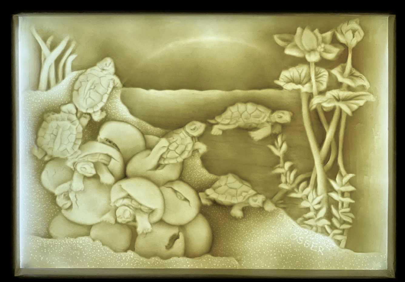1 Stephanie Osser’s Turtle Landscape Lithophane from illustrations made for non-fiction children’s book, All About Eggs, by Millicent Selsam, 1980. 