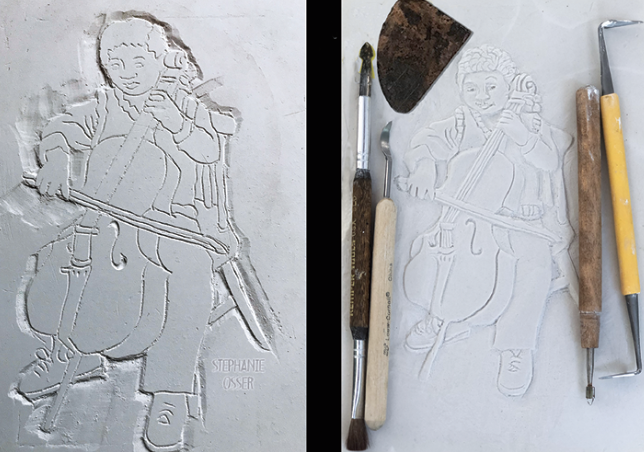 E Beginning of Cellist, first carving outline. Shown with my favorite tools, including carving tools, metal rib, a loop tool, and a trimming tool. Avoid creating any undercuts while carving. 