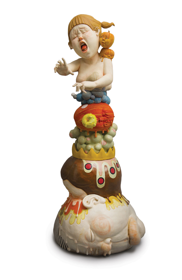 1 Kyungmin Park’s How Have You Been?—Introspection, 4 ft. 4 in. (1.3 m) in height, stoneware, glaze, gold luster, 2022. Photo: John Carlano.