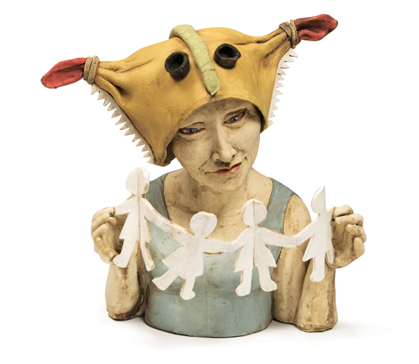 1 Jeanine Pennell’s Monster’s at Play, 12 in. (30 cm) in height, handbuilt stoneware paper clay, underglazes, fired to cone 6, 2022. Photo: Peter Jacobs.