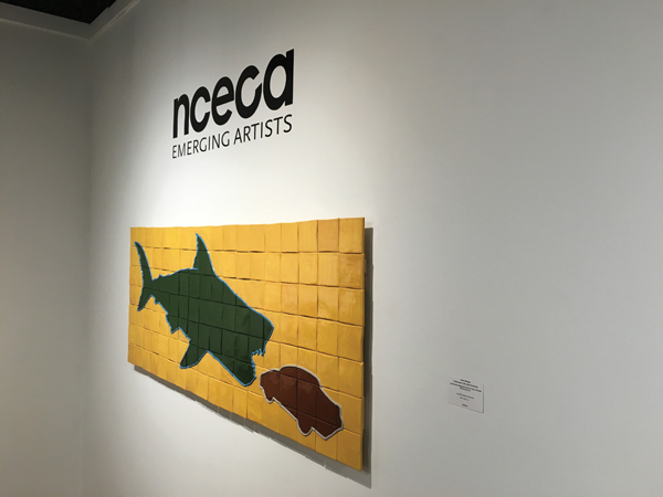 Peter Morgan’s Carcharodon Megalodon versus Carrus Glandes (Shark Eats Car), 5 ft. 6 in. (1.7 m) in length, low-fired ceramic, wood.