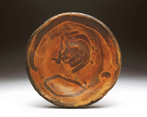 3 Platter, 18 in. (46 cm) in diameter, wheel-thrown earthenware, white slip, laterite, wood fired to cone 3, 2020.