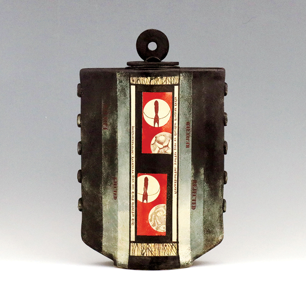 1 Kanika Sircar’s Doors, 16 in. (41 cm) in height, slab-built stoneware, slip, glaze, fired to cone 6, laser decals, 2020.
