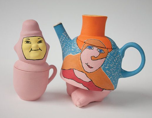 10 Annette and Hardy, 6 in. (15 cm) in height, slip-cast porcelain, terra sigillata, underglaze pencil, glaze, 2020.