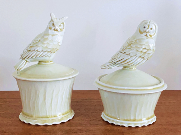 1 Steven Godfrey’s Great Horned Owl Sugar Jars, 6½ in. (17 cm) in height, wheel-thrown and handbuilt porcelain, honey celadon glaze, reduction fired to cone 10½.