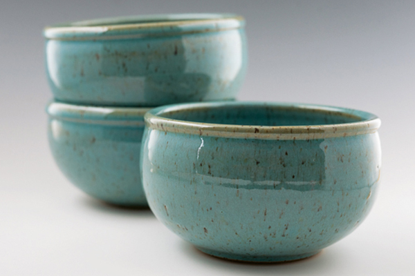 9 General-purpose bowls, 6 in. (15 cm) in diameter, Tiffany-blue glaze on speckled stoneware.