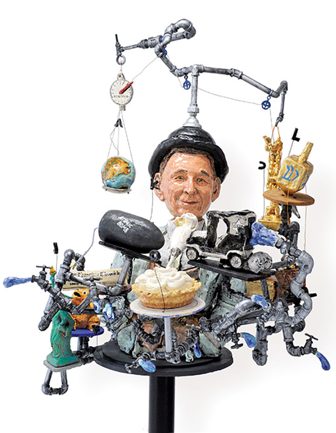 6 How to put whipped cream on pie (Portrait of Rube Goldberg), 6 ft. 11 in. (2.1 m) in height, ceramic, wood, found metal table, and found pipe.