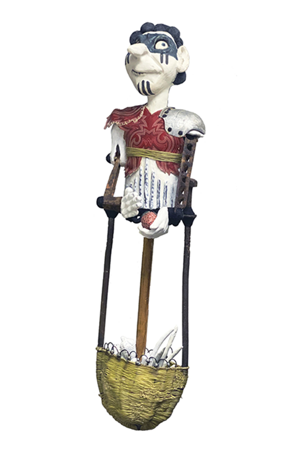 2 Jill Foote-Hutton’s Warrior Gardener, 24 in. (61 cm) in height, earthenware, underglaze, glaze, found objects, 2022.