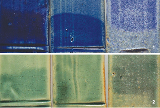 1 Three sources of calcium oxide: whiting, wollastonite, dolomite, with 2% cobalt oxide added to 30 Flux Base. 2 Three sources of calcium oxide: whiting, wollastonite, dolomite, with 2% copper carbonate added to 30 Flux Base.
