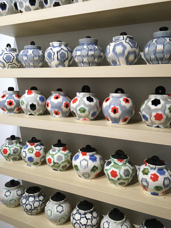 Sean O’Connell’s jars, wheel-thrown porcelain, underglaze, glaze.