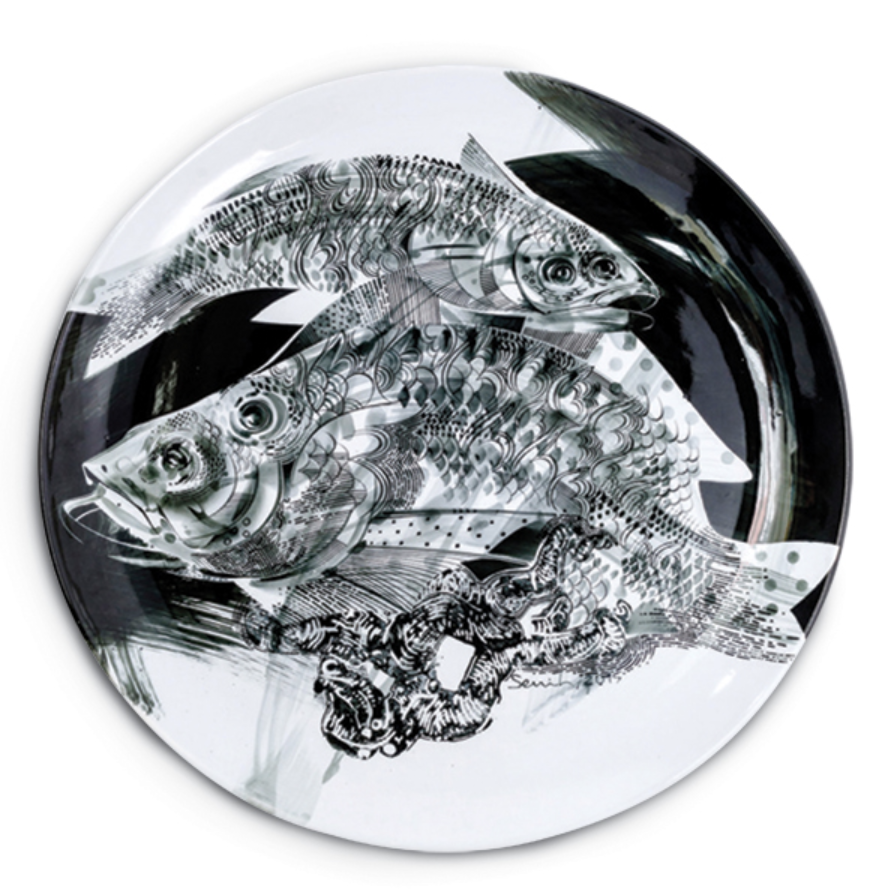 Fish Series, 22 in. (56 cm) in diameter, wheel-thrown tile body, underglaze painting, fired to cone 08 in oxidation.