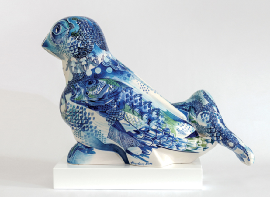 3 Simurg, 28 in. (71 cm) in height, handbuilt tile body, underglaze painting, fired to cone 08 in oxidation.