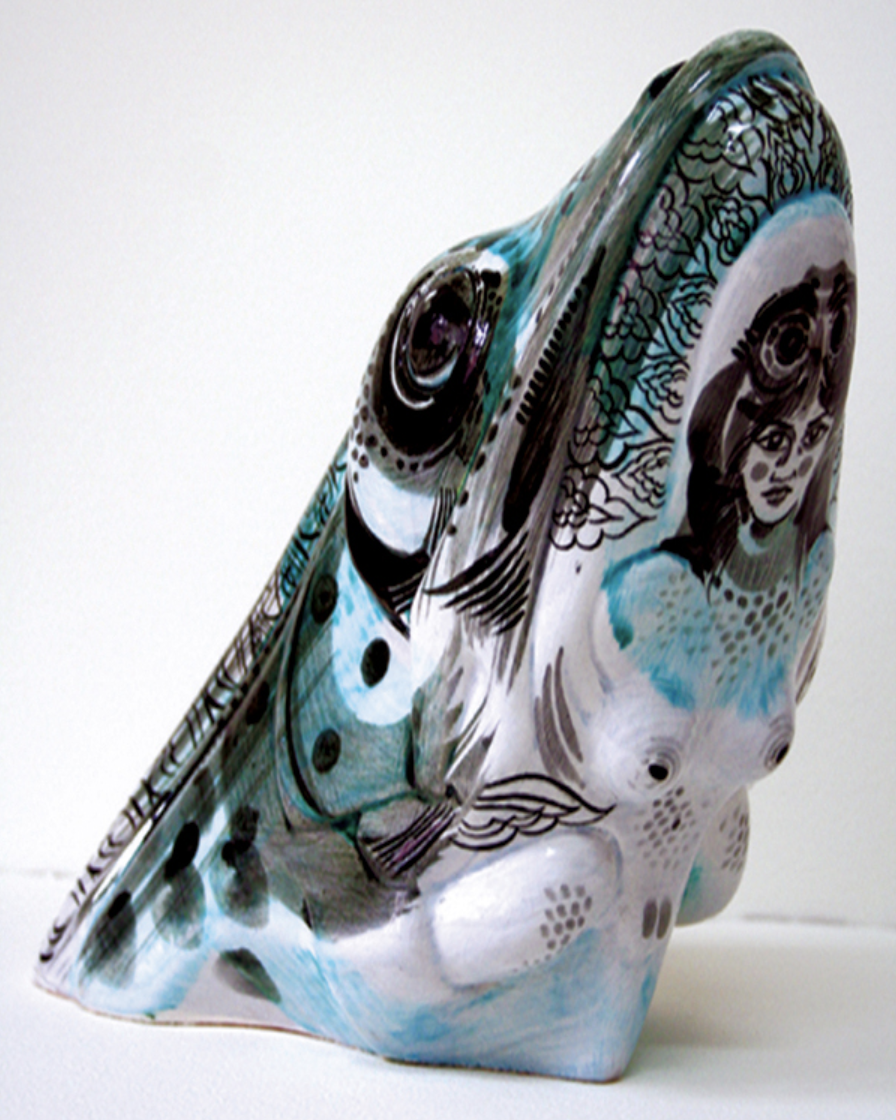 4 Untitled, 32 in. (81 cm) in height, handbuilt tile-clay body, underglaze painting, fired to cone 08 in oxidation.