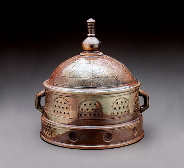 1 Domical Jar with Buttress Handles, 12 in. (30 cm) in height, stoneware, Cedar Heights Redart slip, wood fired to cone 11, reduction cooled, 2020.