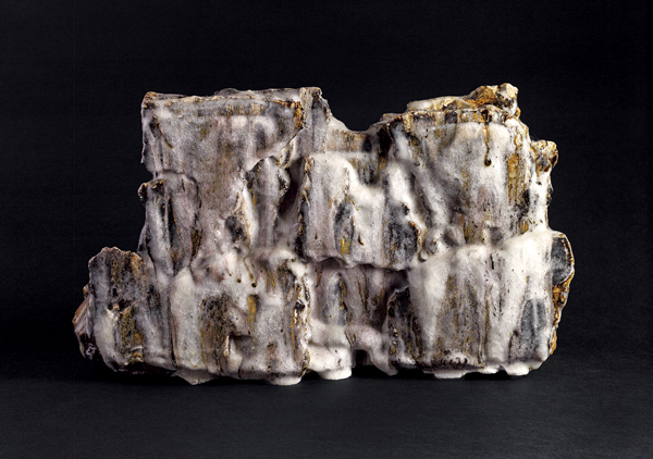 3 Ice Flow Geologic Formation #11, 21 in. (53 cm) in width, natural ash and slip in anagama firing, subsequent glaze firing, 2020.