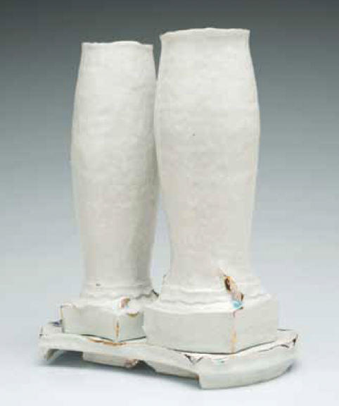 Sincerely, to 11 in. (28 cm) in height, handbuilt porcelain, fired to cone 10 and cone 6, gold luster, fired to cone 014, 2015.