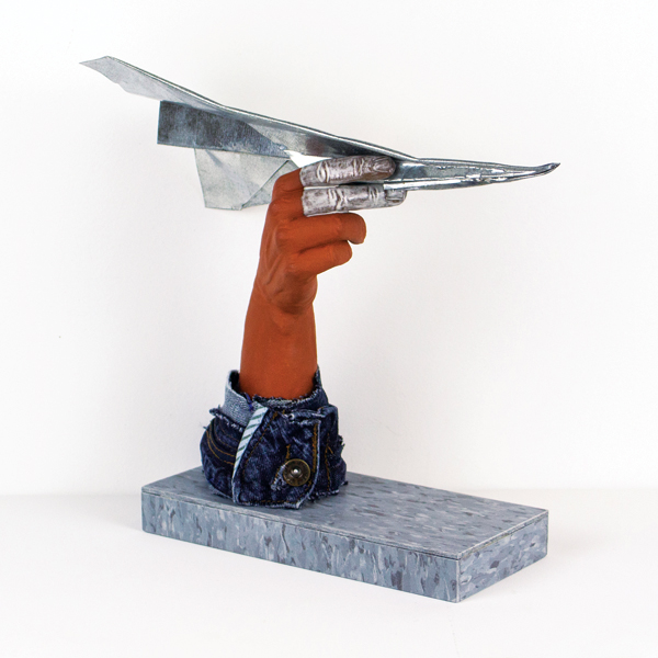 4 Jonathan Christensen Caballero’s Sueños de Papel/Paper Dreams, 11 in. (28 cm) in height, earthenware, denim fiber, metal, vinyl, wood, 2021.