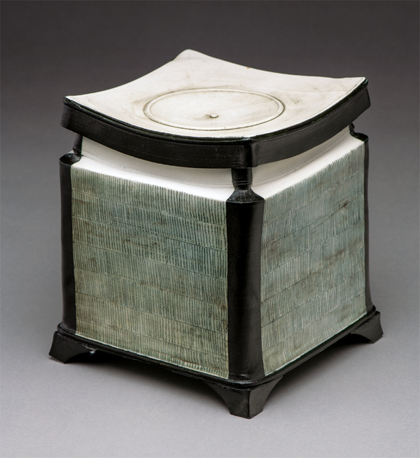 Square box, 9 in. (23 cm) in height, thrown-and-altered porcelain, slip, glaze pencil, soda fired, 2018. Courtesy of Weisman Art Museum, Minneapolis, Minnesota. 