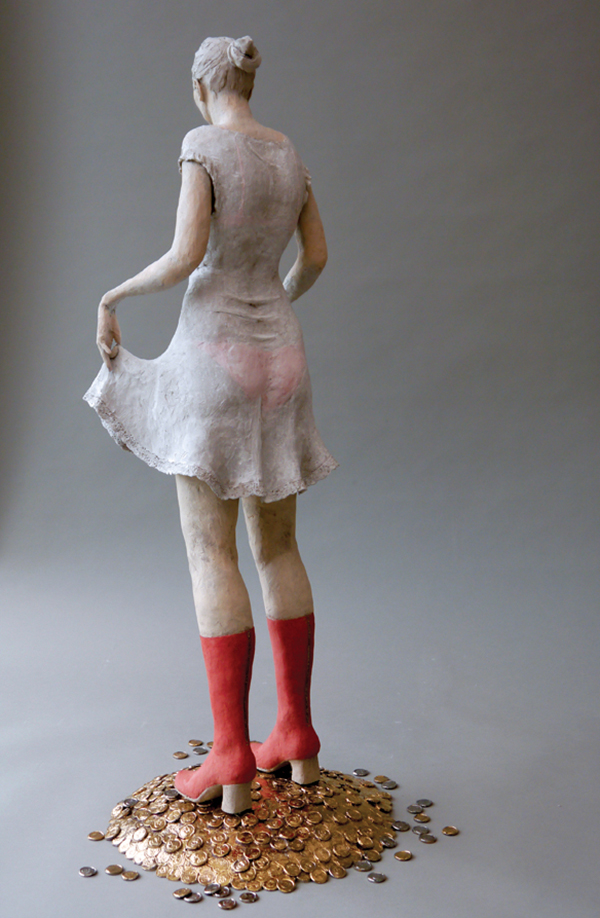 2 Coincidence (back view), 3 ft. 3 in. (1 m) in height, coil-built stoneware, engobe, underglaze, glaze, luster, 2019. 