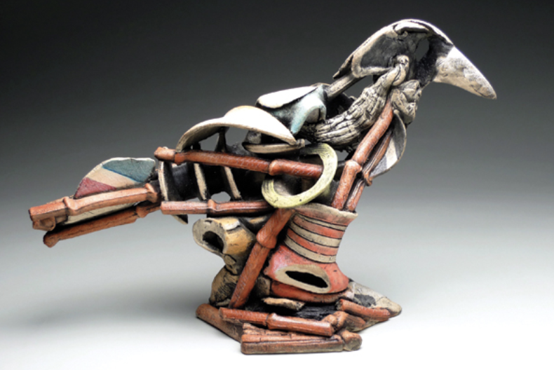 Duck, 16 in. (41 cm) in length, handbuilt stoneware, cone 6, acrylic and colored pencil, cold finish.