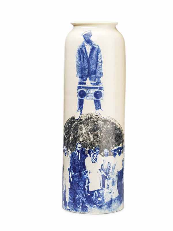 2 Terence Hammonds’ Hold Your Head When the Beat Drops, 19 in. (48 cm) in height, porcelain, underglaze transfer, 2022. Photo: Will Jones.