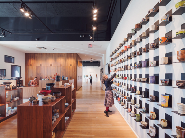 5 View of The Clay Studio’s shop, featuring 100+ artists and gallery (in the background, center) with more than 12 exhibitions annually. Photo: Sam Oberter.