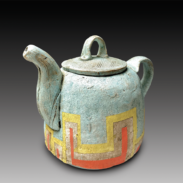 Teapot, 9 in. (23 cm) in height, Laguna Jr. Tile Red clay, terra sigillata, underglaze, fired to cone 6, 2022.  