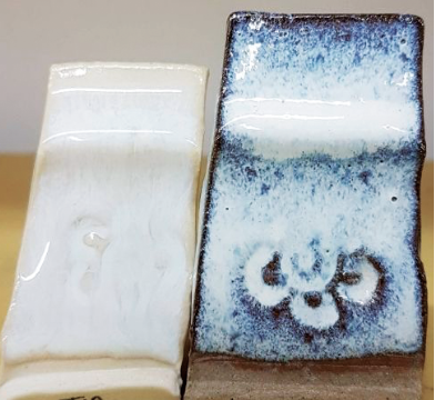 2 A single glaze recipe shown fired on a light clay body (left) and a dark clay body (right). 