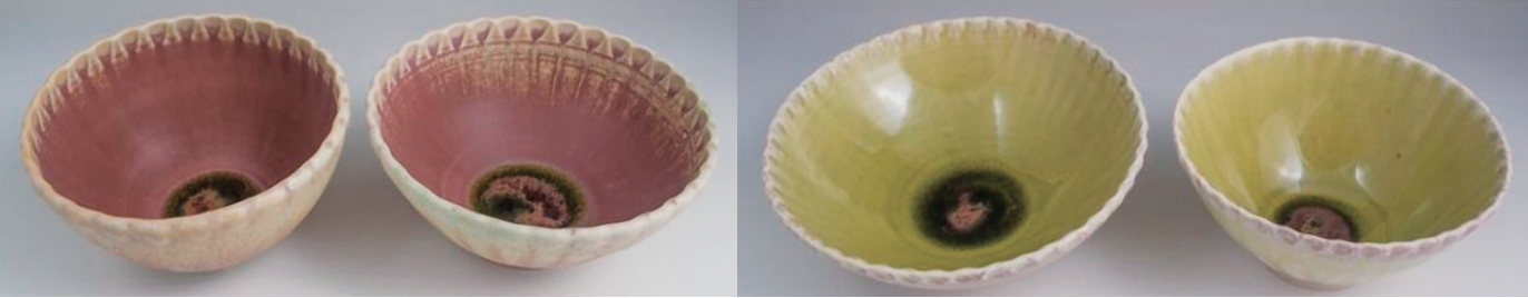 3 Four bowls with the same glaze. The pink ones were fired in a large kiln (slower natural cool) and the yellow ones were fired in a small kiln (faster natural cool). 