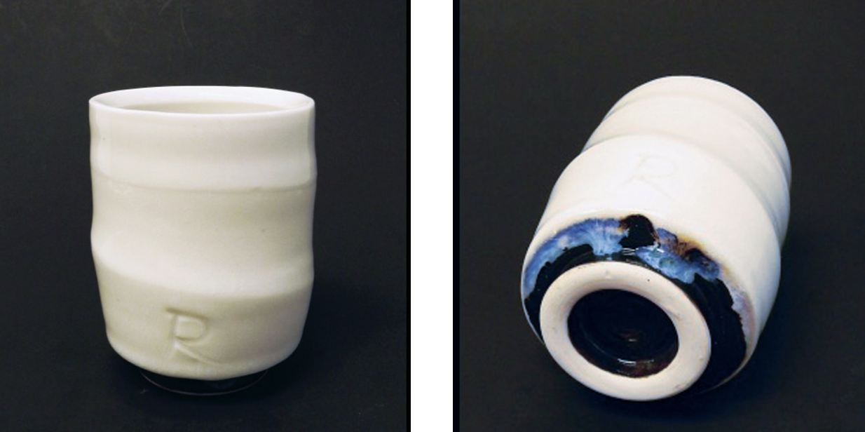 4 Yunomi, Laguna cone 6 Frost porcelain, 1% niobium glaze, fired in oxidation. The opalescence is visible on the oxide-washed band near the foot.