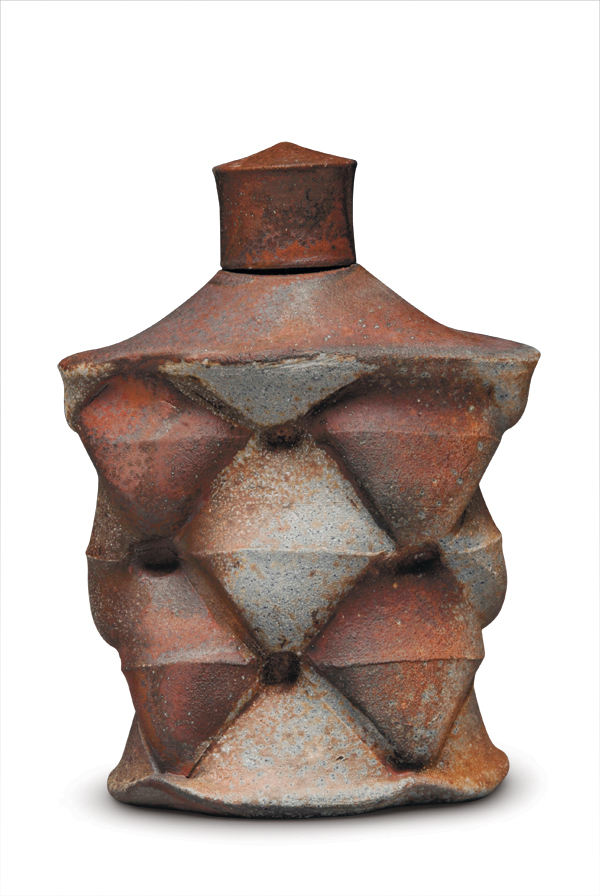 Flask, wheel-thrown and altered stoneware, wood fired.