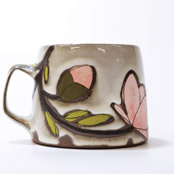 9 Toast Magnolia Mug, 3½ in. (9 cm) in height, wheel-thrown Georgie’s Trail Mix Toast clay, underglaze, glaze, fired to cone 6, 2022.